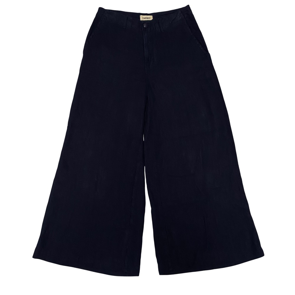 L'agence Women's High Rise Wide Leg Cropped Navy Blue Linen Pants 27‎ Transition